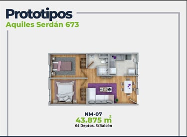 ASER Caracteristicas Departamento. Plano con 2 recamaras, sala comedor, baño y cocina. 43 mts2