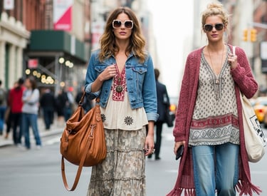 Dos mujeres con estilo boho-chic años 2000 usando lentes oversize vintage, street style Nueva York