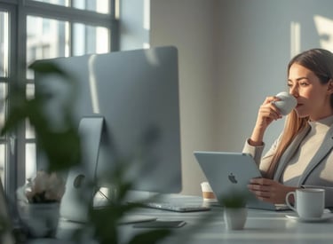 A woman drinking coffee in front of these two computers