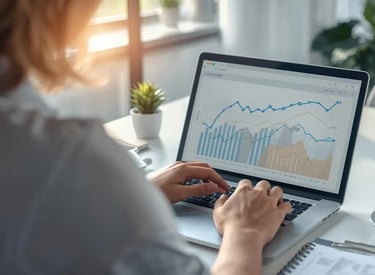 A woman analyzing SEO performance on a MacBook computer