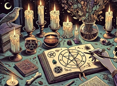 a table with candles and candles and a pen and ink pen