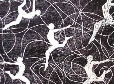 Graphic print drawing in wood cut