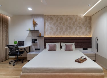 Bedroom interior design with study table wardrobe ambient lighting