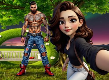 a woman is taking a selfie with a man no shirt teasing her Graphic designer Lance MadKiwi Designs