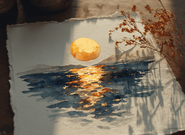 Watercolor of a golden moon reflecting on a calm lake