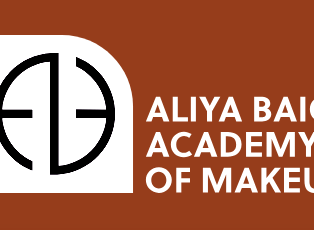 a brown and white logo with the words aliya bag academy of makeup