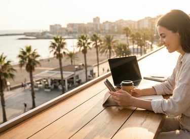 Remote worker enjoys seaside workspace with phone, laptop, and coffee.