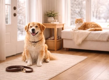 Dog and cat enjoying a calm winter morning routine at home in Burlington.