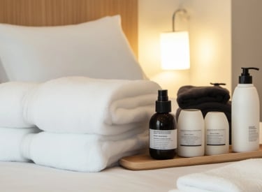 Neatly folded white towels and assorted toiletry bottles arranged on a tray on a hotel bed