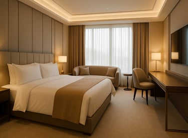 Camera d’albergo moderna con arredi su misura, realizzata da BRB Engineering nel settore hospitality