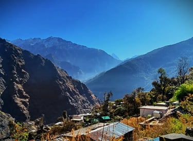 Mountain village with scattered houses