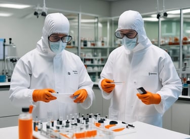 Two individuals are wearing blue protective suits, masks, and goggles in a sterile laboratory environment. One is holding a test tube with an orange cap, while the other holds a digital tablet displaying information. A tray with other test tubes is visible, indicating they are involved in some form of scientific or medical research.