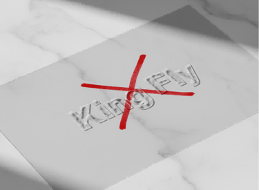 A clear PVC material swatch with a flawed embossed LOGO, marked with a red 'X'.