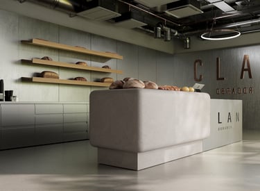 a counter top with a counter top and shelves