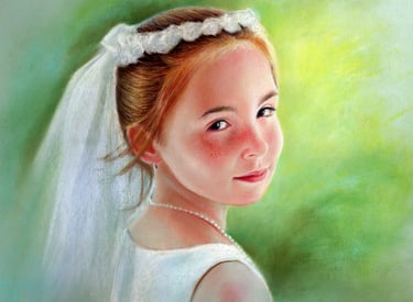 Pastel portrait of a red-haired flower girl in a white dress, soft light, by Austin artist Tony Sans