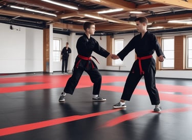 Two children are lying on their backs on a pink mat, performing exercises with their legs raised. One child is wearing a black shirt with colorful graphics, while the other wears a dark red shirt. An orange vertical padded structure is visible in the background.