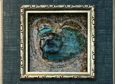Resin and glass artwork with link to online store.