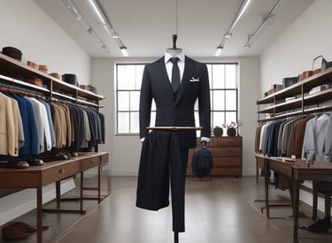 A dark-colored suit jacket is displayed on a mannequin, which is placed in a dimly lit room. Above the jacket, warm golden lights create a cozy ambiance, and reflections on the glass suggest it's inside a shop window.