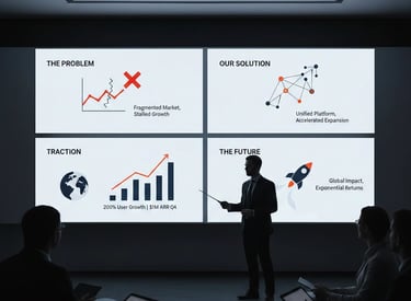 Visual storytelling and minimalist pitch deck design for high-growth venture capital pitches.