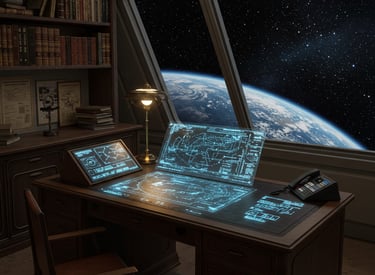 captains chair and office with a view of earth