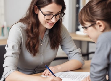 A psychology tutor explaining concepts to a focused student in a cozy study room.