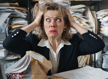 woman or man overloaded with bookkeeping documents