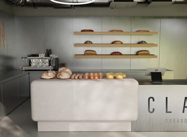 a counter top with a counter top and shelves with breaded bread