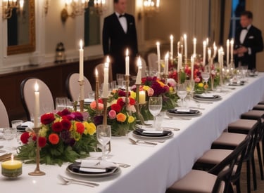 Dinner party table with fresh flowers, linens, china and silverware, glasses and candles