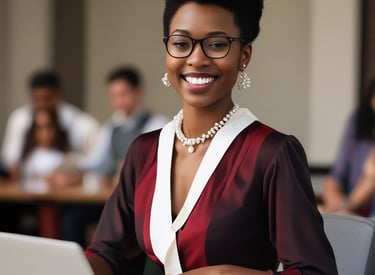 a woman in a red dress and glasses is smiling