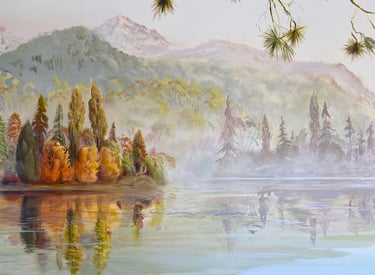 New Zealand-themed mural close-up, capturing a foggy lake, islands, trees, and mountain scenery.