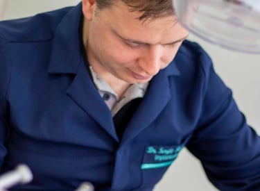 a man in a blue jacket is getting ready to go to the dentist