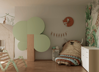 a child's room with a wooden play area