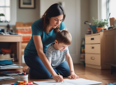A cozy corner with calming pastel cushions and a small bookshelf.