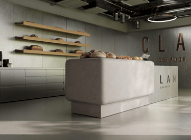 a counter top with a counter top and shelves