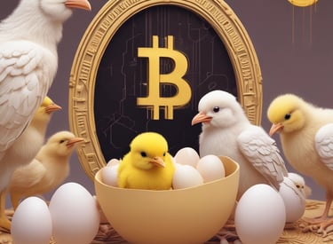 A dark-themed interface showing digital eggs progressing into chickens with yellow accents.