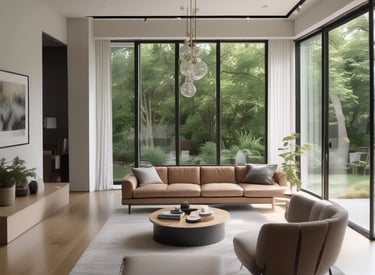 Before and after images of a renovated space blending greenery and warm colors.