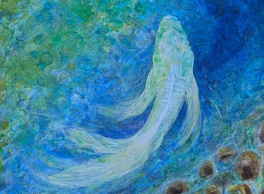 A vibrant painting of cool waters, wet stones, and koi rendered in Windsor & Newton acrylics on linen by Kathy LaFollett.