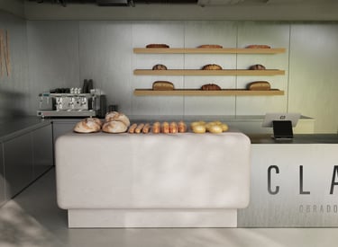 a counter top with a counter top and shelves