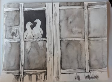 A pair of mated doves sitting in a dark open window rendered in water graphites and micron pen on paper by Kathy LaFollett.
