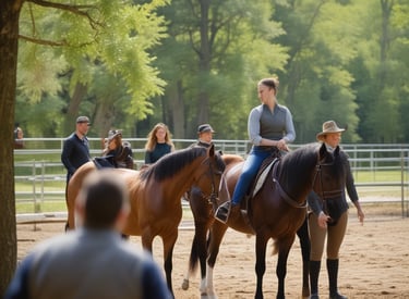A peaceful scene with a paved path leading through a lush, green forested area. There are white fences lining a pasture where horses are grazing. Tall trees with dense foliage surround the area, creating a serene and natural environment.