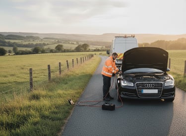 A recovery Assistant is using Jump Start on Audi