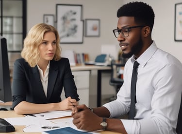 A sleek, modern office space with dark green accents and a black background, reflecting a professional consulting environment.