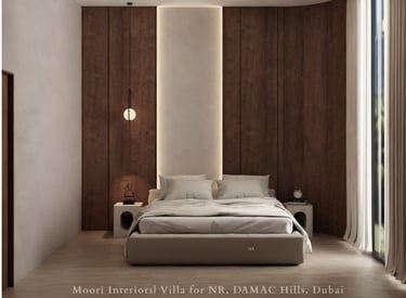 Modern bedroom featuring a minimalist design with a large bed, wooden accent wall, and soft lighting