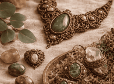 Collar y anillos de macramé hechos a mano con piedras preciosas