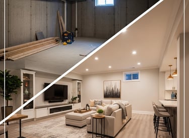 Before and after basement image.