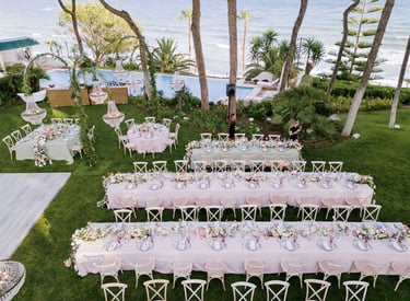 Destination wedding setup in the seaside gardens of Villa El Rincon in Marbella