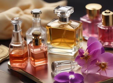 A collection of elegant perfume bottles displayed on a wooden table, surrounded by natural elements like flowers and leaves.
