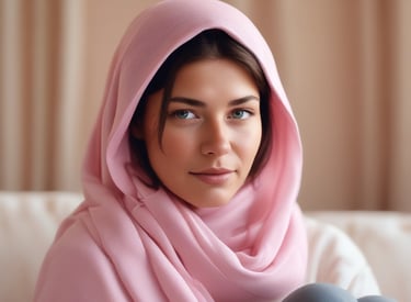 a woman in a pink scarf and sitting on a couch
