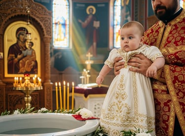 A baby in a white gown at their baptism ceremony.