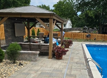a pool with a gazeboar and a gazeboar
